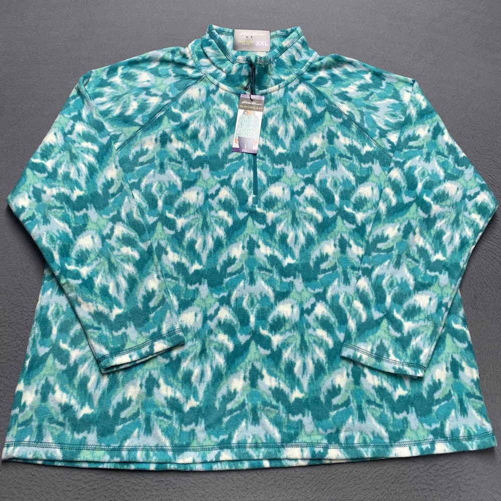 Eddie Bauer Sweater Womens 2XL Turquoise Leaf Ikat Polar Fleece 1/4 Zip Pullover